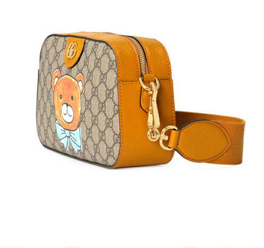 【GUCCI×KAIジョイントモデル】グッチ テディベアプリント キャンバス&レザー ワンショルダー斜めカメラバッグ ベージュ エボニー