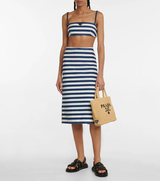 【プラダ】2022SSサマー素材/スモール ラフィアトートバッグ ロゴ 刺繍 カゴ-選べる2色