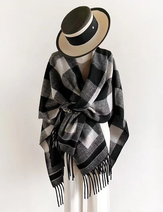 【BURBERRY バーバリー 】バーバリー/バーバリーヤ 欧米風クラシックチェッカーボード ウールタッセル 大判ショールケープ