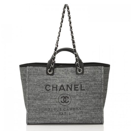 【 CHANEL】シャネル 大きなチャコールキャンバスドーヴィルトートTOTE