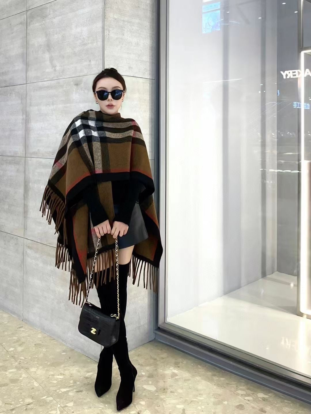 【BURBERRY バーバリー 】バーバリー/バーバリーヤ 欧米風クラシックチェッカーボード ウールタッセル 大判ショールケープ