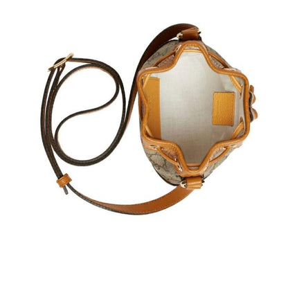 【GUCCI×KAIジョイントモデル】グッチテディベアプリントキャンバス＆レザー巾着バケットバッグミニベージュ/エボニー