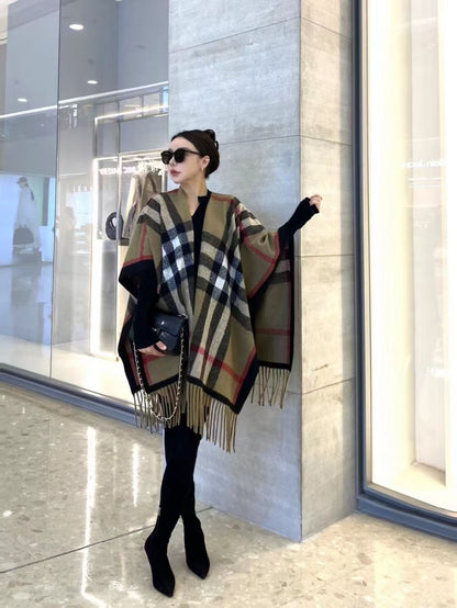 【BURBERRY バーバリー 】バーバリー/バーバリーヤ 欧米風クラシックチェッカーボード ウールタッセル 大判ショールケープ