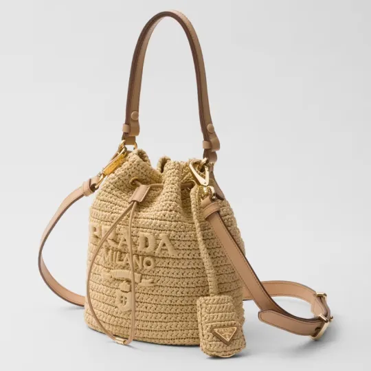 PRADA プラダ◆ラフィア×レザー ミニバケットバッグ ストラップ付 15*19*10CM 240920