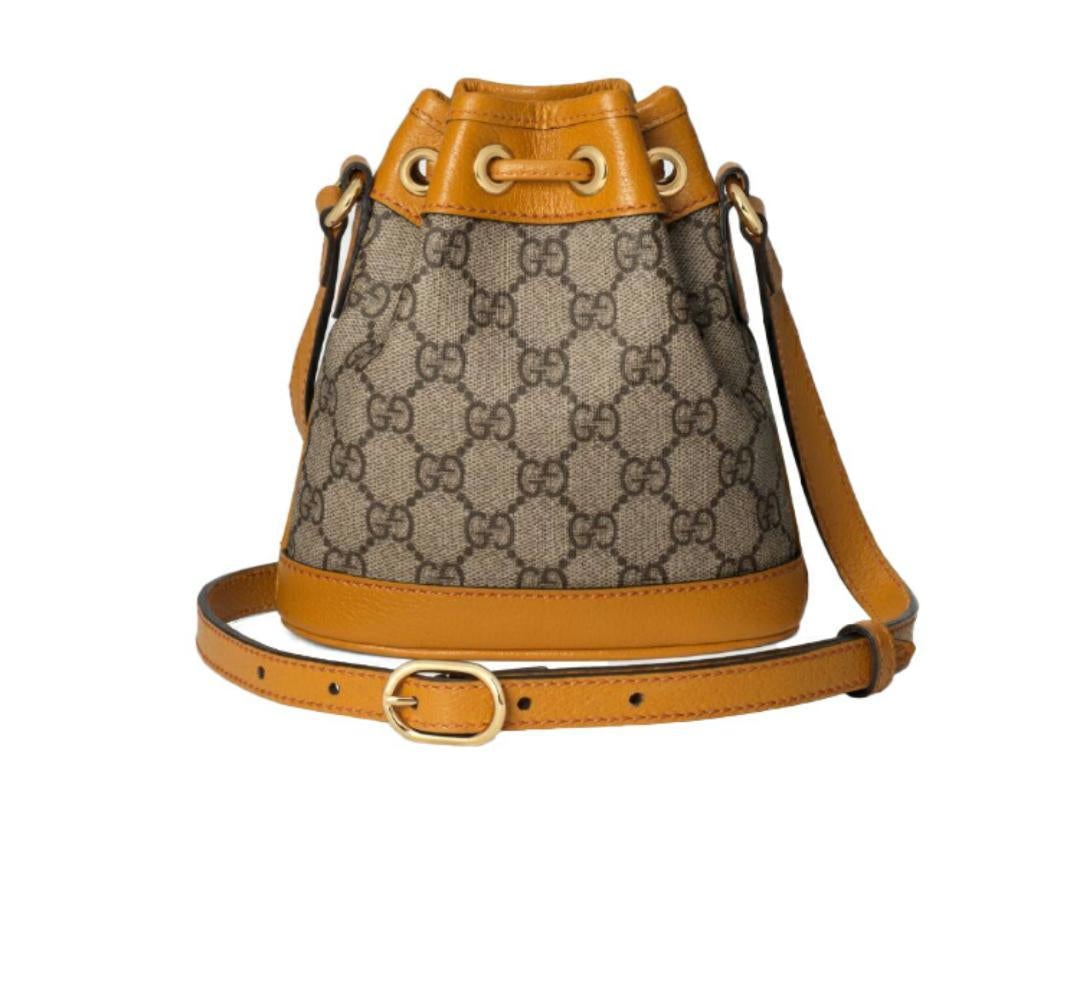 【GUCCI×KAIジョイントモデル】グッチテディベアプリントキャンバス＆レザー巾着バケットバッグミニベージュ/エボニー