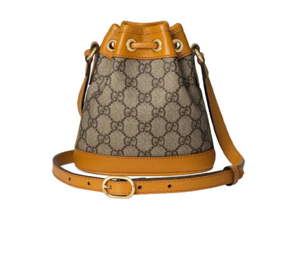 【GUCCI×KAIジョイントモデル】グッチテディベアプリントキャンバス＆レザー巾着バケットバッグミニベージュ/エボニー