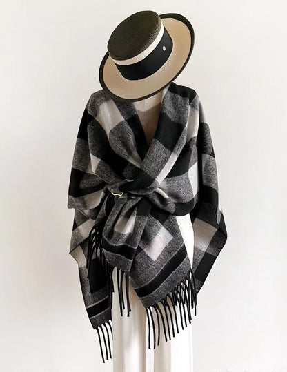 【BURBERRY バーバリー 】バーバリー/バーバリーヤ 欧米風クラシックチェッカーボード ウールタッセル 大判ショールケープ