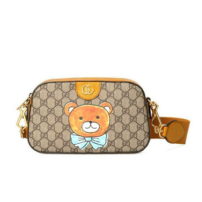 【GUCCI×KAIジョイントモデル】グッチ テディベアプリント キャンバス＆レザー ワンショルダー斜めカメラバッグ ベージュ エボニー