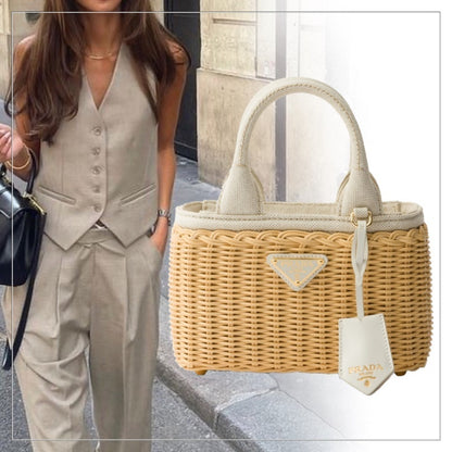 PRADA◆ウーブンファブリック キャンバス ミニ トートバッグ