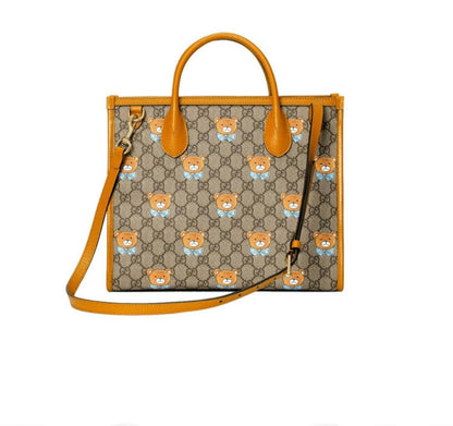 【GUCCI×KAIジョイントモデル】グッチテディベアプリントキャンバス寄木細工トートワンショルダーショッピングバッグベージュ/エボニー