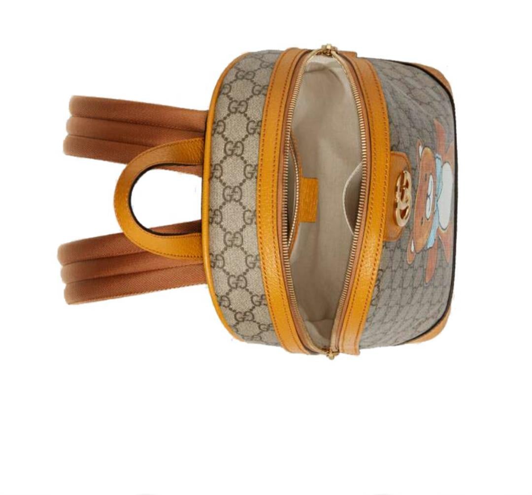 【GUCCI×KAIジョイントモデル】グッチテディベアプリントキャンバス＆レザーバックパックスクールバッグ ベージュ エボニー