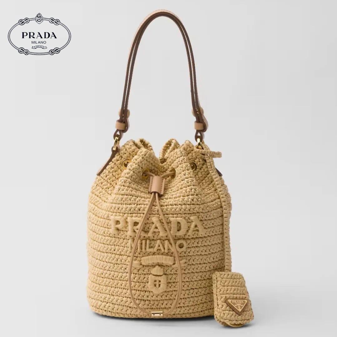 PRADA プラダ◆ラフィア×レザー ミニバケットバッグ ストラップ付 15*19*10CM 240920