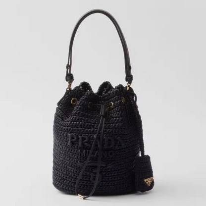 PRADA プラダ◆ラフィア×レザー ミニバケットバッグ ストラップ付 15*19*10CM 240920
