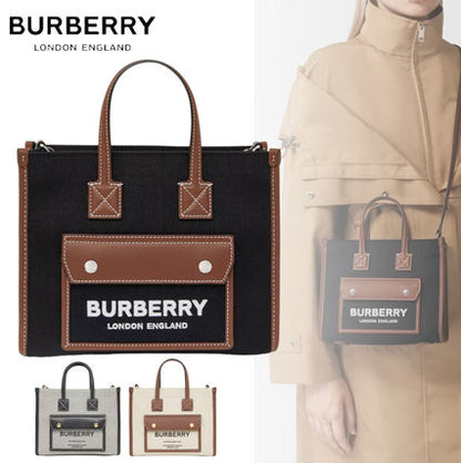 国内即発【Burberry】ツートン キャンバス＆レザー ミ二 トート