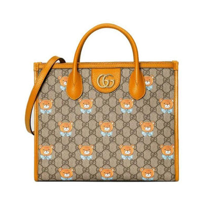 【GUCCI×KAIジョイントモデル】グッチテディベアプリントキャンバス寄木細工トートワンショルダーショッピングバッグベージュ/エボニー