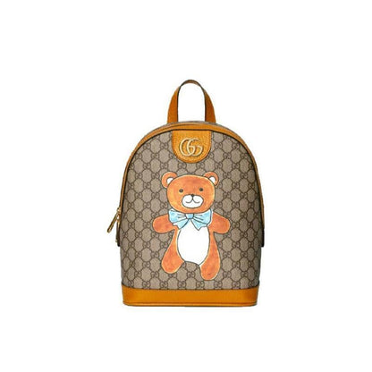 【GUCCI×KAIジョイントモデル】グッチテディベアプリントキャンバス＆レザーバックパックスクールバッグ ベージュ エボニー