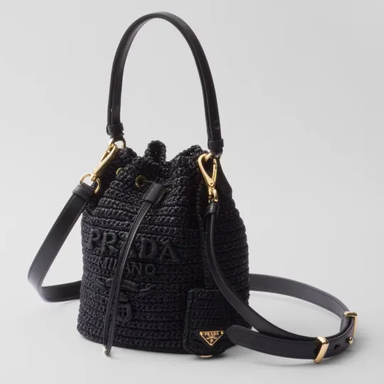 PRADA プラダ◆ラフィア×レザー ミニバケットバッグ ストラップ付 15*19*10CM 240920