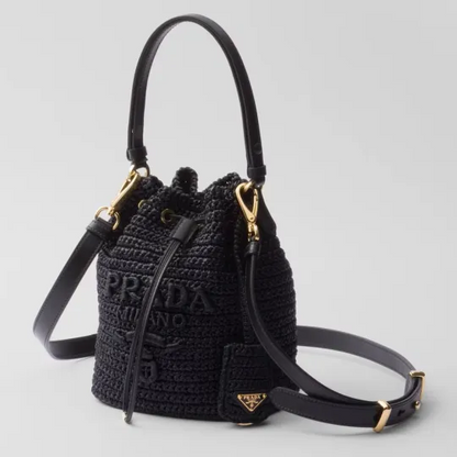 PRADA プラダ◆ラフィア×レザー ミニバケットバッグ ストラップ付 15*19*10CM 240920