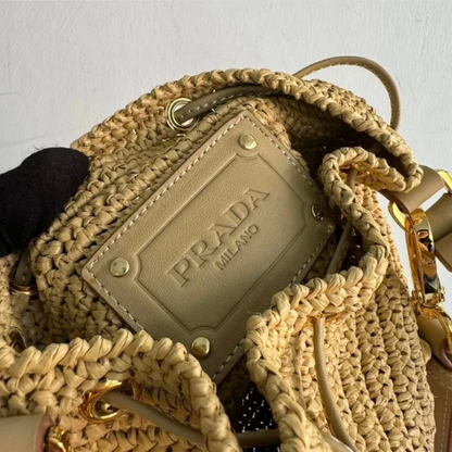 PRADA プラダ◆ラフィア×レザー ミニバケットバッグ ストラップ付 15*19*10CM 240920
