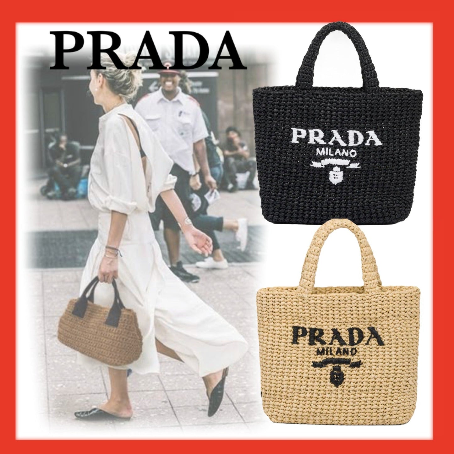 【プラダ】2022SSサマー素材/スモール ラフィアトートバッグ ロゴ 刺繍 カゴ-選べる2色