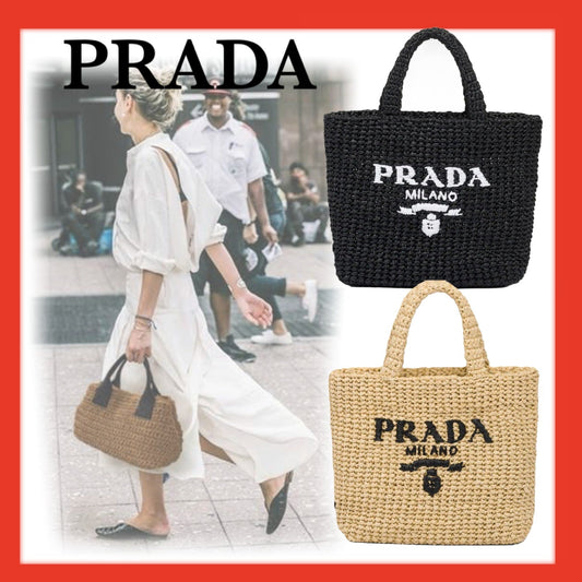 【プラダ】2022SSサマー素材/スモール ラフィアトートバッグ ロゴ 刺繍 カゴ-選べる2色
