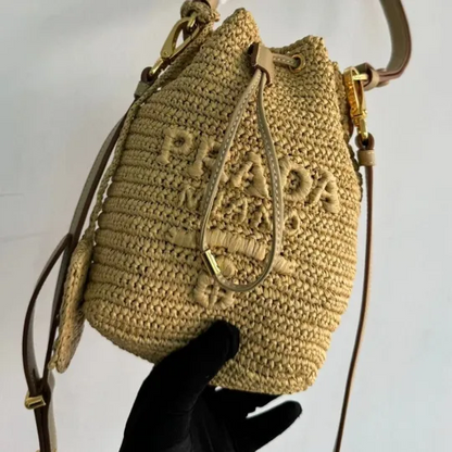 PRADA プラダ◆ラフィア×レザー ミニバケットバッグ ストラップ付 15*19*10CM 240920