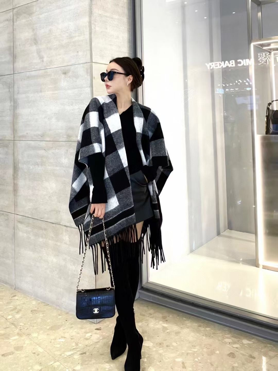 【BURBERRY バーバリー 】バーバリー/バーバリーヤ 欧米風クラシックチェッカーボード ウールタッセル 大判ショールケープ