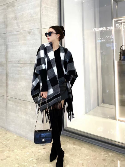 【BURBERRY バーバリー 】バーバリー/バーバリーヤ 欧米風クラシックチェッカーボード ウールタッセル 大判ショールケープ