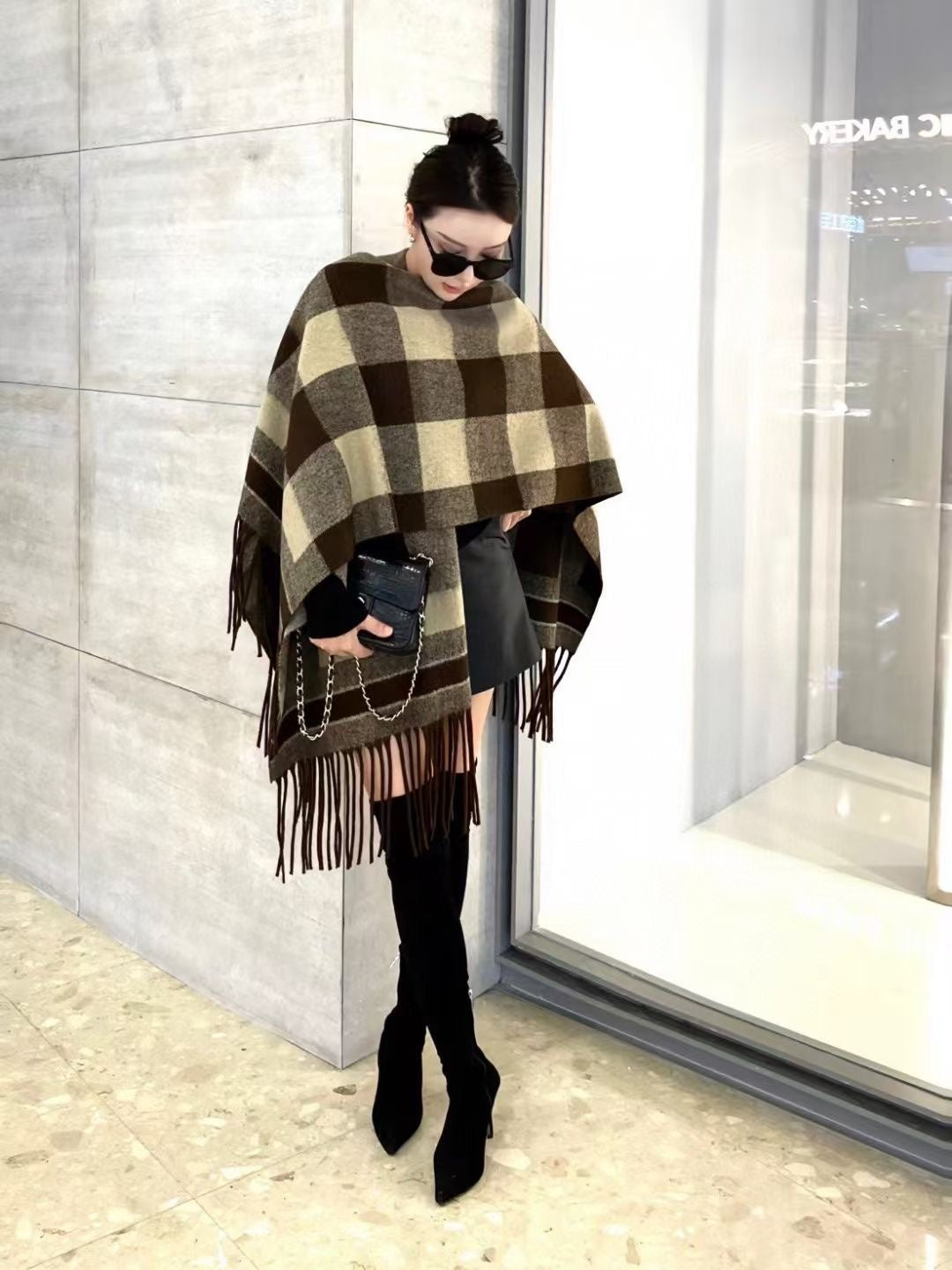 【BURBERRY バーバリー 】バーバリー/バーバリーヤ 欧米風クラシックチェッカーボード ウールタッセル 大判ショールケープ