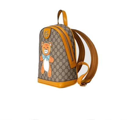 【GUCCI×KAIジョイントモデル】グッチテディベアプリントキャンバス＆レザーバックパックスクールバッグ ベージュ エボニー