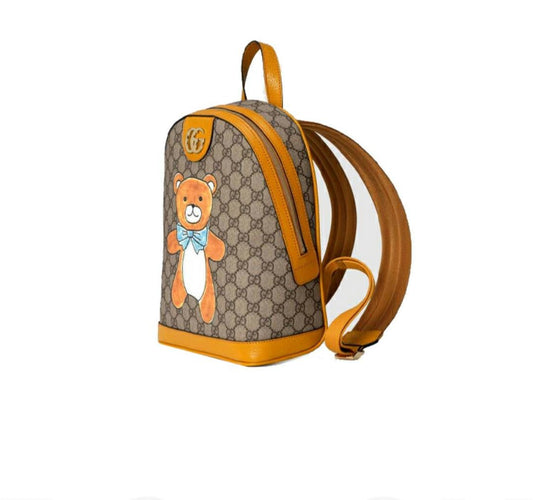 【GUCCI×KAIジョイントモデル】グッチテディベアプリントキャンバス＆レザーバックパックスクールバッグ ベージュ エボニー