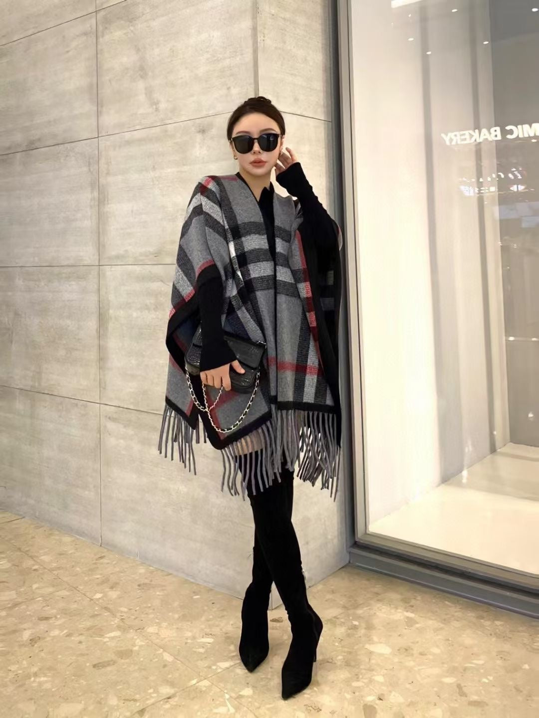 【BURBERRY バーバリー 】バーバリー/バーバリーヤ 欧米風クラシックチェッカーボード ウールタッセル 大判ショールケープ