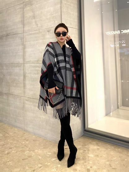 【BURBERRY バーバリー 】バーバリー/バーバリーヤ 欧米風クラシックチェッカーボード ウールタッセル 大判ショールケープ