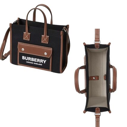 国内即発【Burberry】ツートン キャンバス＆レザー ミ二 トート